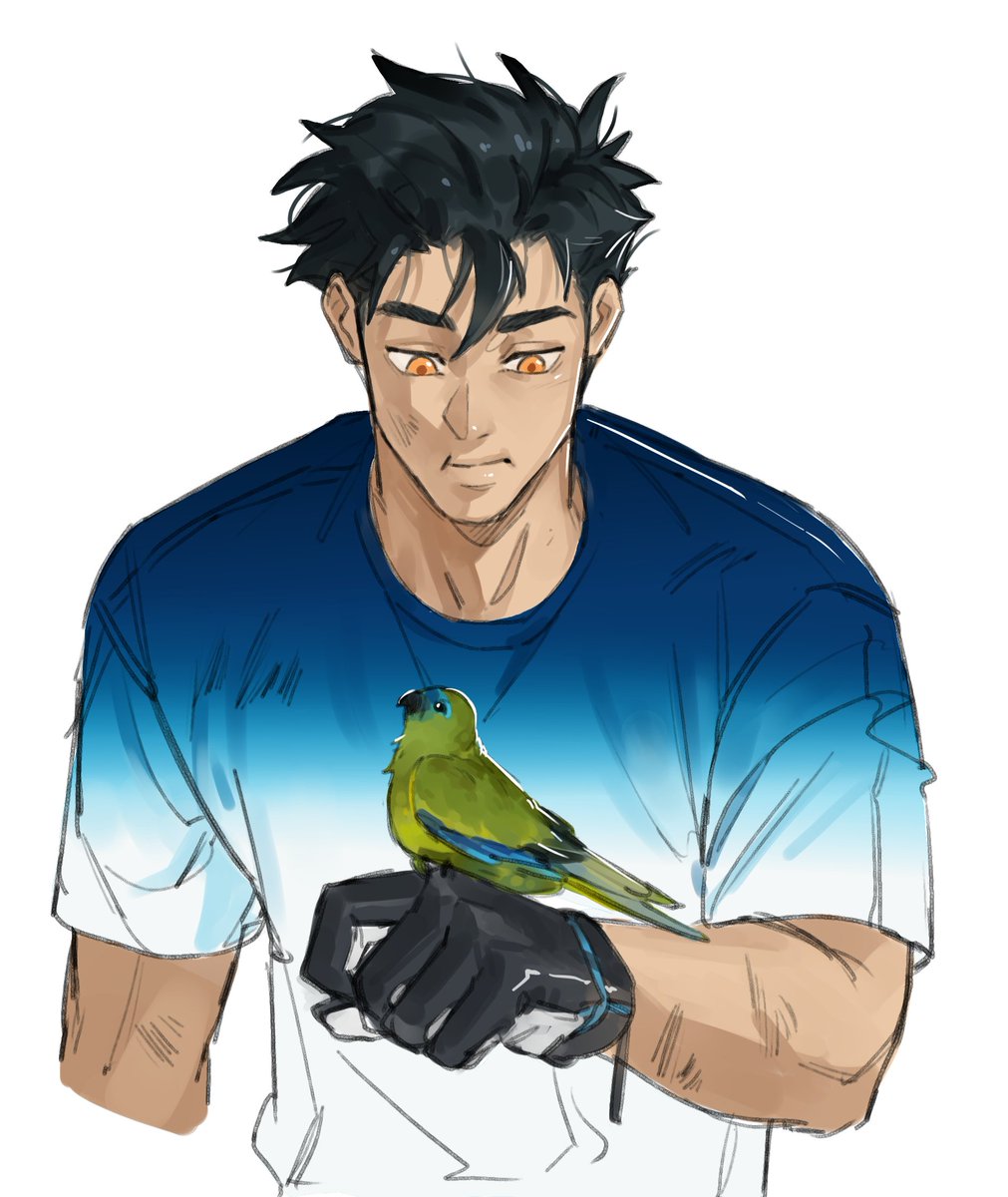 1boy male focus gloves bird black hair shirt white background  illustration images