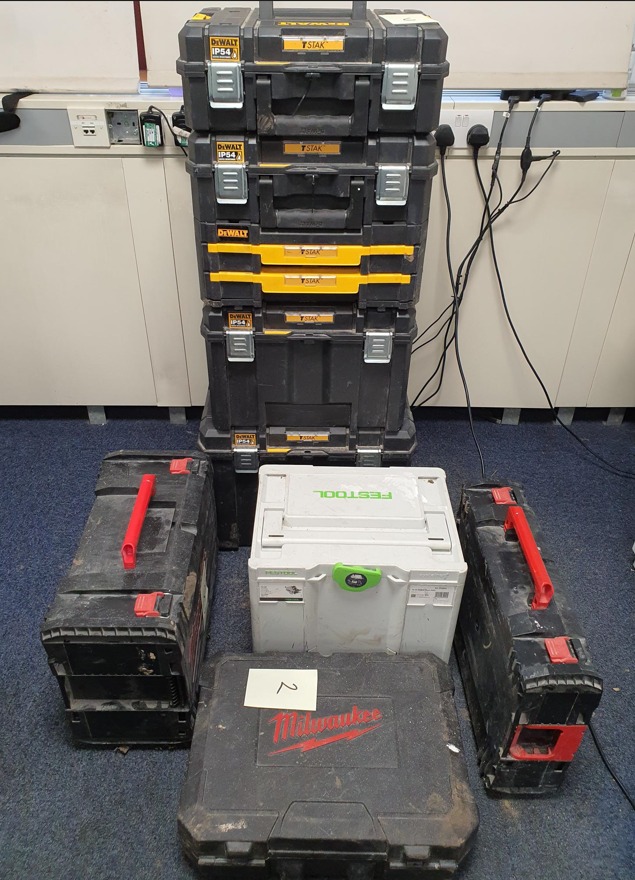SussexIncidents's tweet photo. Do you recognise these toolboxes", 10 boxes of high value tools (Milwaukee &amp; Ryobi) have been found dumped in bushes in Burgess Hill. It would be a pleasure to re-unite the tools back to their owner. 
Please contact PC Wingfield, at Haywards Heath Police Station by calling 101. https://t.co/JLIo7aHKe1