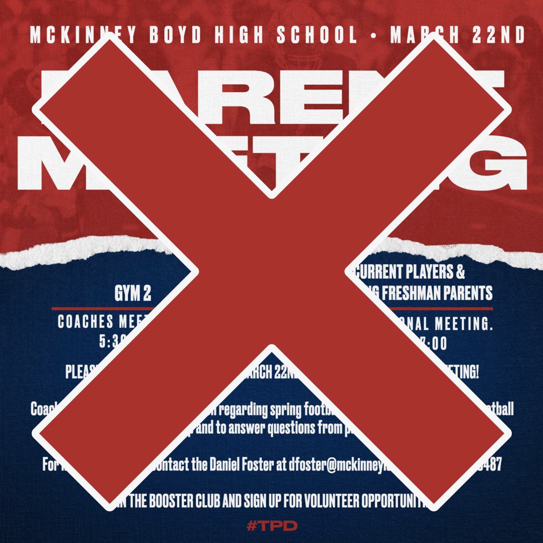 Due to the weather forecast the middle school track meet has been moved to Wednesday 
Therefore, we are rescheduling our parent meeting from this Wednesday to next Wednesday March 29th 5:30 PM to 7 PM in gym two at Boyd High school