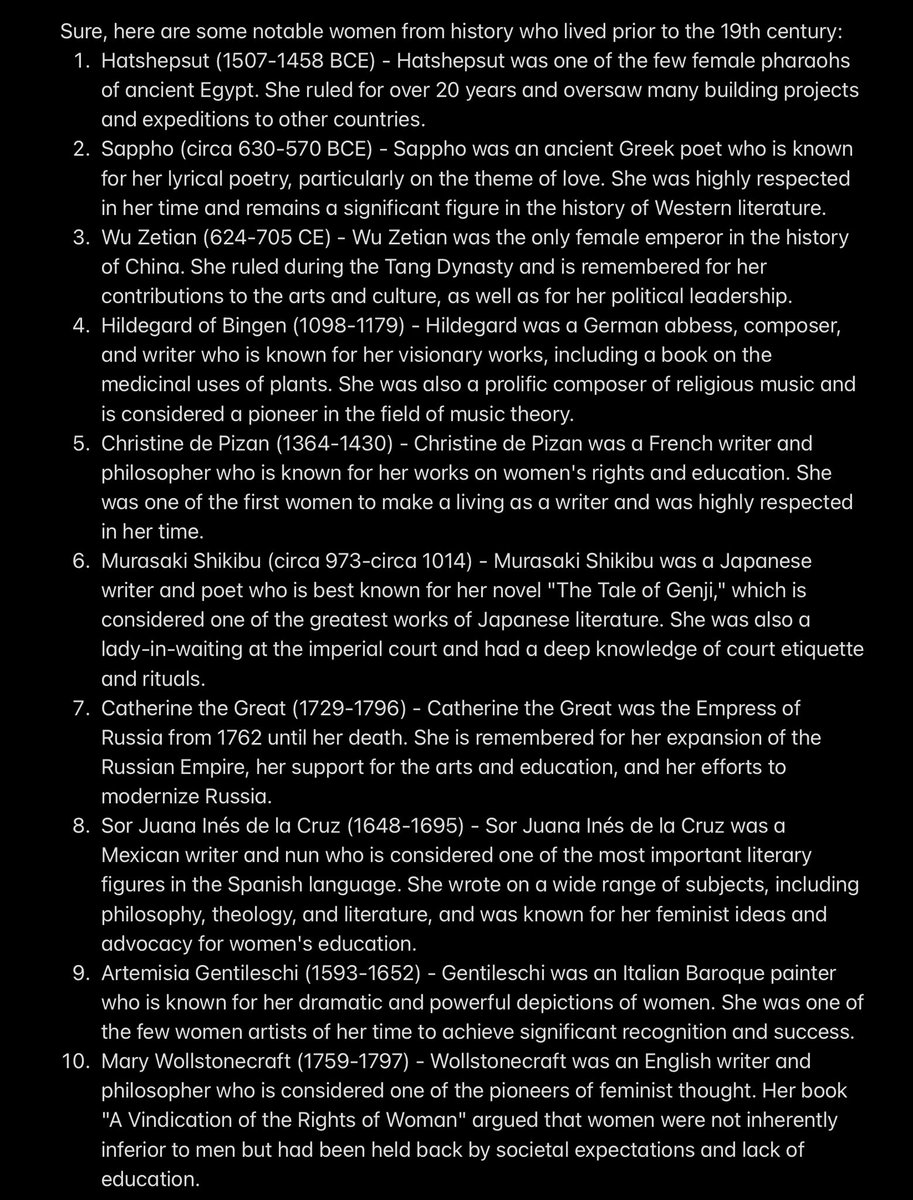 classroomtools's tweet photo. A3 - I just asked ChatGPT to list women often left out of US and World History instruction. This is its response. #sschat https://t.co/wKZRJJxHeA