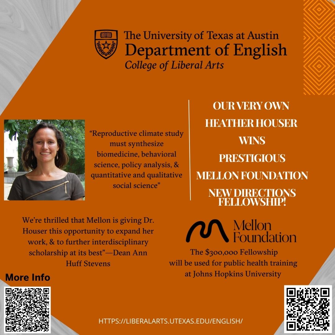 Join Us in Celebrating Prof Heather Houser Who Just Heard News of Winning the Prestigious Mellon Foundation's New Directions Fellowship! @HouserHeather @utexasHI @LiberalArtsUT @Warfield_UT #mellonfoundation
liberalarts.utexas.edu/news/mellon-fo…