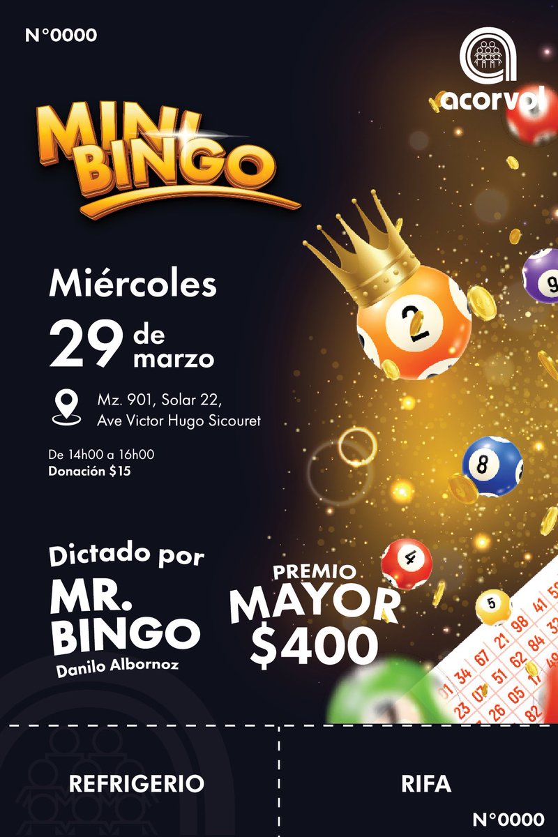 MINI BINGO!!! 
Ven disfruta con tu familia y amigos de una tarde de Bingo. Abran muchas sorpresas, TE ESPERAMOS!!!