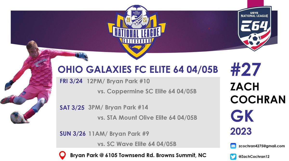 ZachCochran12's tweet photo. 🚨Schedule Change🚨                                Can’t wait to compete at @NationalLeague E64 Showcase in Greensboro. Check updated schedule below to watch me play with @OhioGalaxies. https://t.co/zFNcycNoGq
