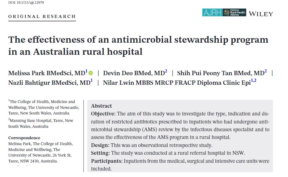 Excited to share results of a review of an antimicrobial stewardship program at a rural NSW Hospital published by the <a href="/AusJRuralHealth/">Australian Journal of Rural Health</a> written by my team doi.org/10.1111/ajr.12…