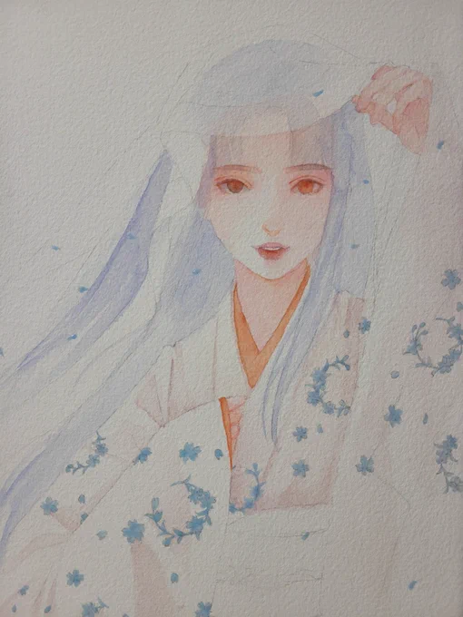 桜狐ちゃんに命が宿ってゆく過程 #wip  #透明水彩 