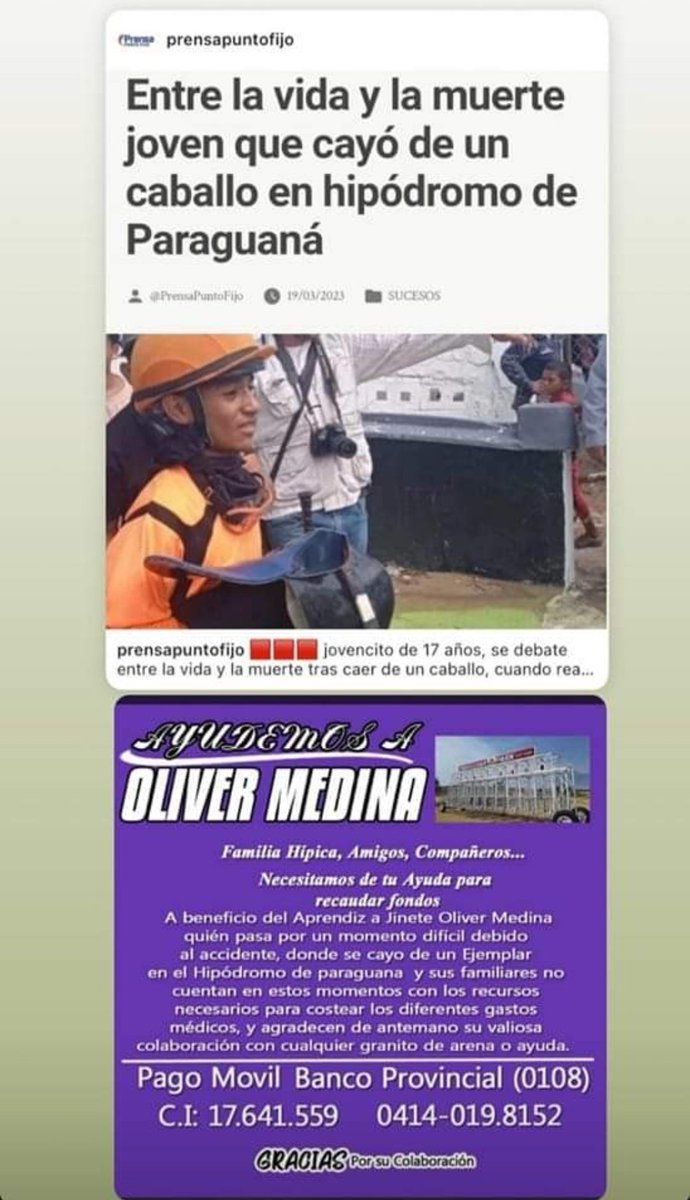 Oliver Medina, aspirante a Aprendiz fue uno de los muchos muchachos que estaban aprendiendo en esta profesión, hoy necesita la ayuda de todos. Tuvo un accidente en Paraguaná y está en un delicado estado de salud. He estado en contacto con su familia y de verdadq