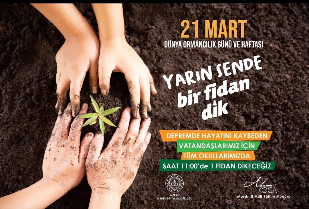 “YARIN SENDE BİR FİDAN DİK”

DEPREMDE HAYATINI KAYBEDEN VATANDAŞLARIMIZ İÇİN TÜM OKULLARIMIZDA YARIN SAAT 11:00’de 1 FİDAN DİKECEĞİZ.