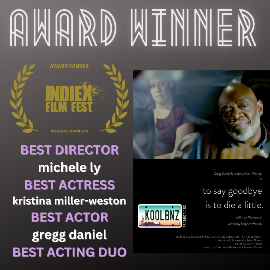 Gregg Daniel (@realgreggdaniel) on Twitter photo I am so excited to announce that my short film I did with fellow actress <a href="/KOOLBNZ/">Kristina Miller-Weston</a> has won the following awards
Best Actor
Best Actress
Best Duo
Best Director
#tosaygoodbyeistodiealittle #awardsseason #bestactor #awards #shortfilm I am so excited to announce that my short film I did with fellow actress <a href="/KOOLBNZ/">Kristina Miller-Weston</a> has won the following awards
Best Actor
Best Actress
Best Duo
Best Director
#tosaygoodbyeistodiealittle #awardsseason #bestactor #awards #shortfilm