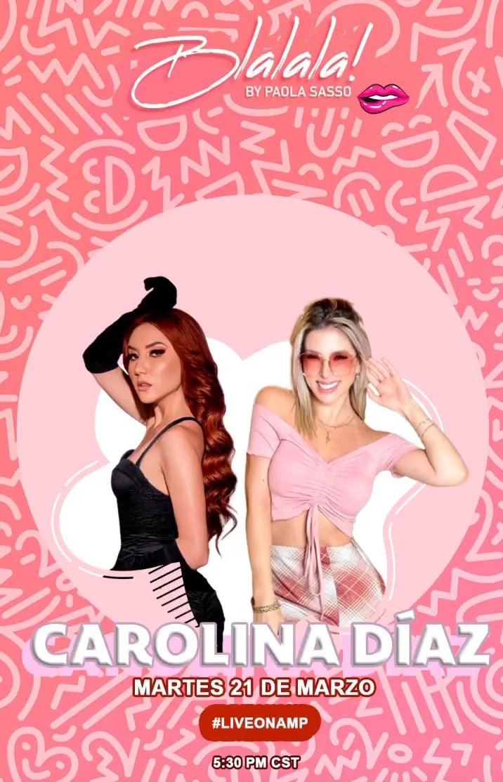 UpdatesCaroDiaz's tweet photo. El dia se mañana a las 5:30pm (CDMX) Carolina estará en "Blalala" by Paola Sasso como invitada. 
lo pueden escuchar a través del siguiente link 
- https://t.co/gwTZovgfe2 https://t.co/FP1OVMr3hn