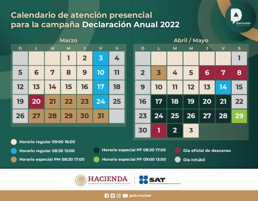 SATMX's tweet photo. El SAT da a conocer el calendario de atención presencial en sus módulos y oficinas desconcentradas para la Declaración Anual 2022. https://t.co/mg5DE2440G