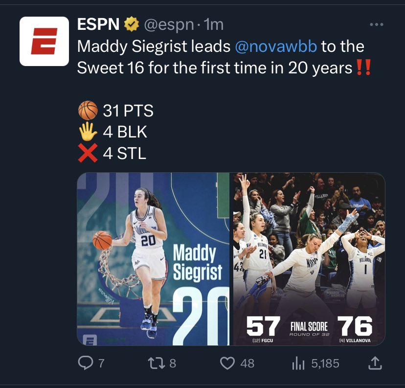 MichaelLWealth's tweet image. Great to see the women’s program having such a great year‼️ Watched more games this year, than all combined. Maddie is not only the best at Nova, she is one the all time greats 💯 #scoringmachine @novawbb