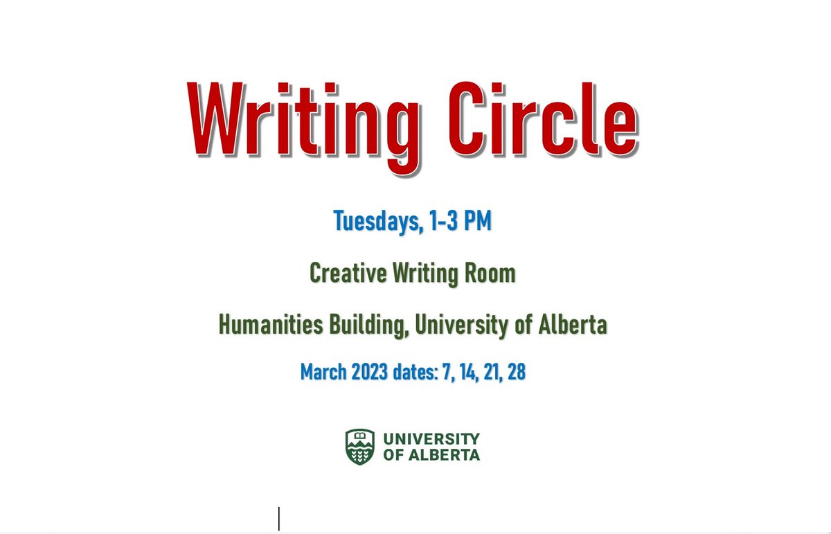 BanooZan's tweet photo. #WritingCirlce Tuesdays 1-3 PM MT #HumanitiesCentre Room 4-59
@UAlberta Campus #In_Person #Weekly #open to all #communities, #Genres & #languages Bring your stationery & #writing #devices Come 2 #concentrate on your own work #join & #SpreadTheWord https://t.co/3BKKPF4We5 https://t.co/Ls33xhdOXF