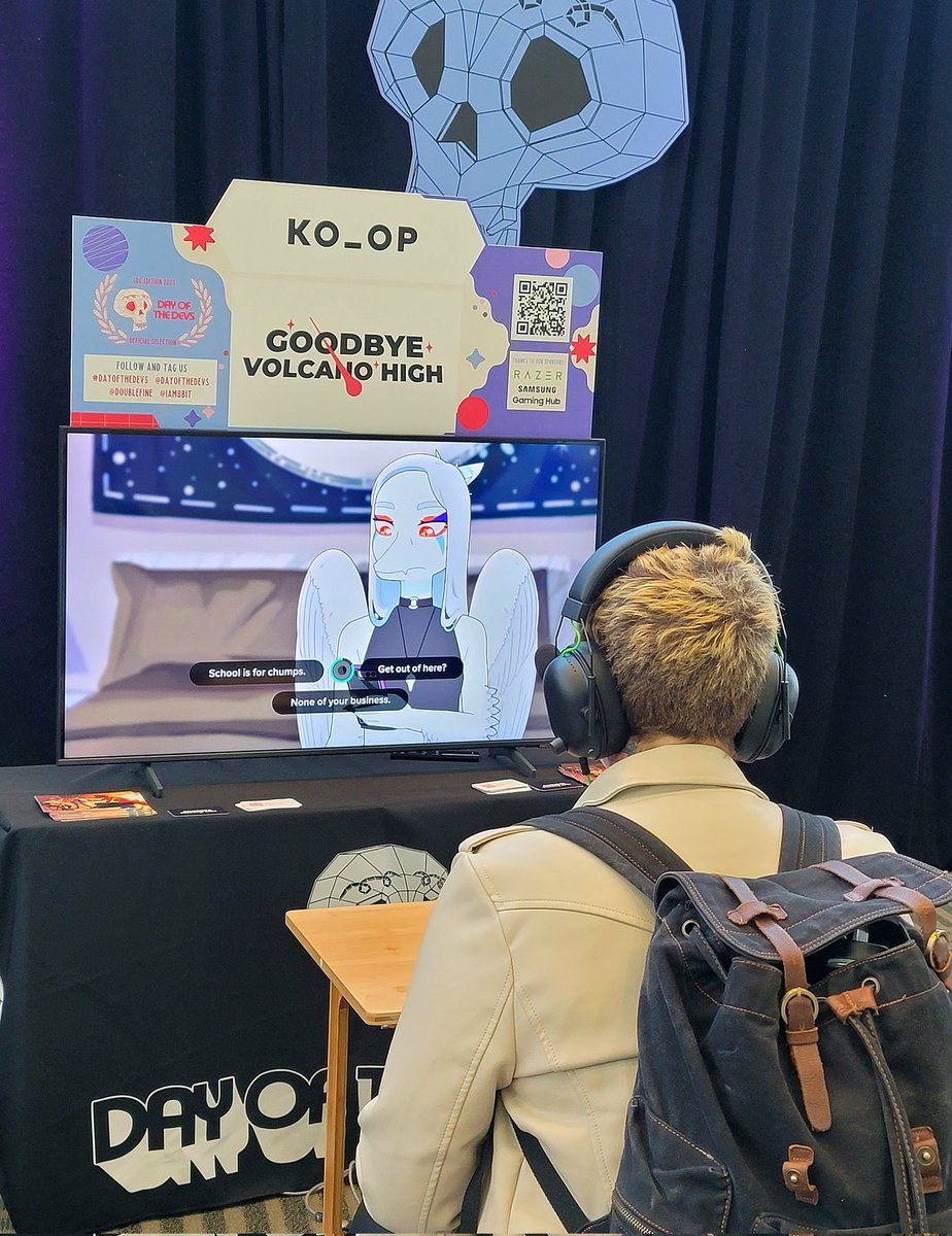EbethO's tweet photo. Finally at #GDC2013 after a hellish registration line. I'll be easiest to find for the next 5 days up near the Day of the Devs area (Moscone West, 3rd floor) where the 1st playable for #GoodbyeVolcanoHigh is being showcased. #IndieDev #CANDev https://t.co/ia7ZpA2Eru
