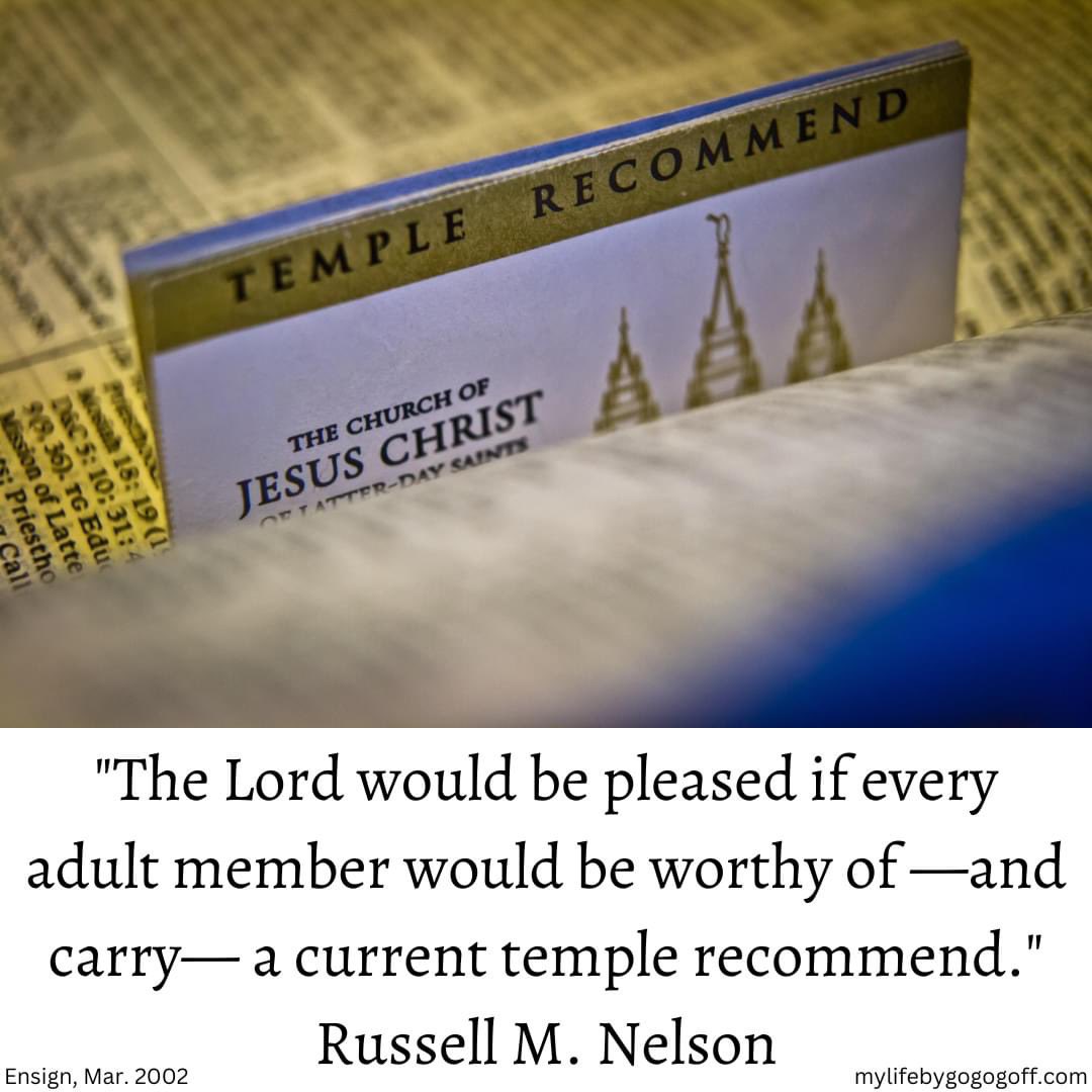 “The Lord would be pleased if every adult member would be worthy of—and carry—a current temple recommend.” ~ President Russell M. Nelson 

#LDSTemples #FamiliesCanBeForever #ChildrenOfGod #EternalLife #ShareGoodness #TrustGod #CountOnHim #TheChurchOfJesusChristOfLatterDaySaints