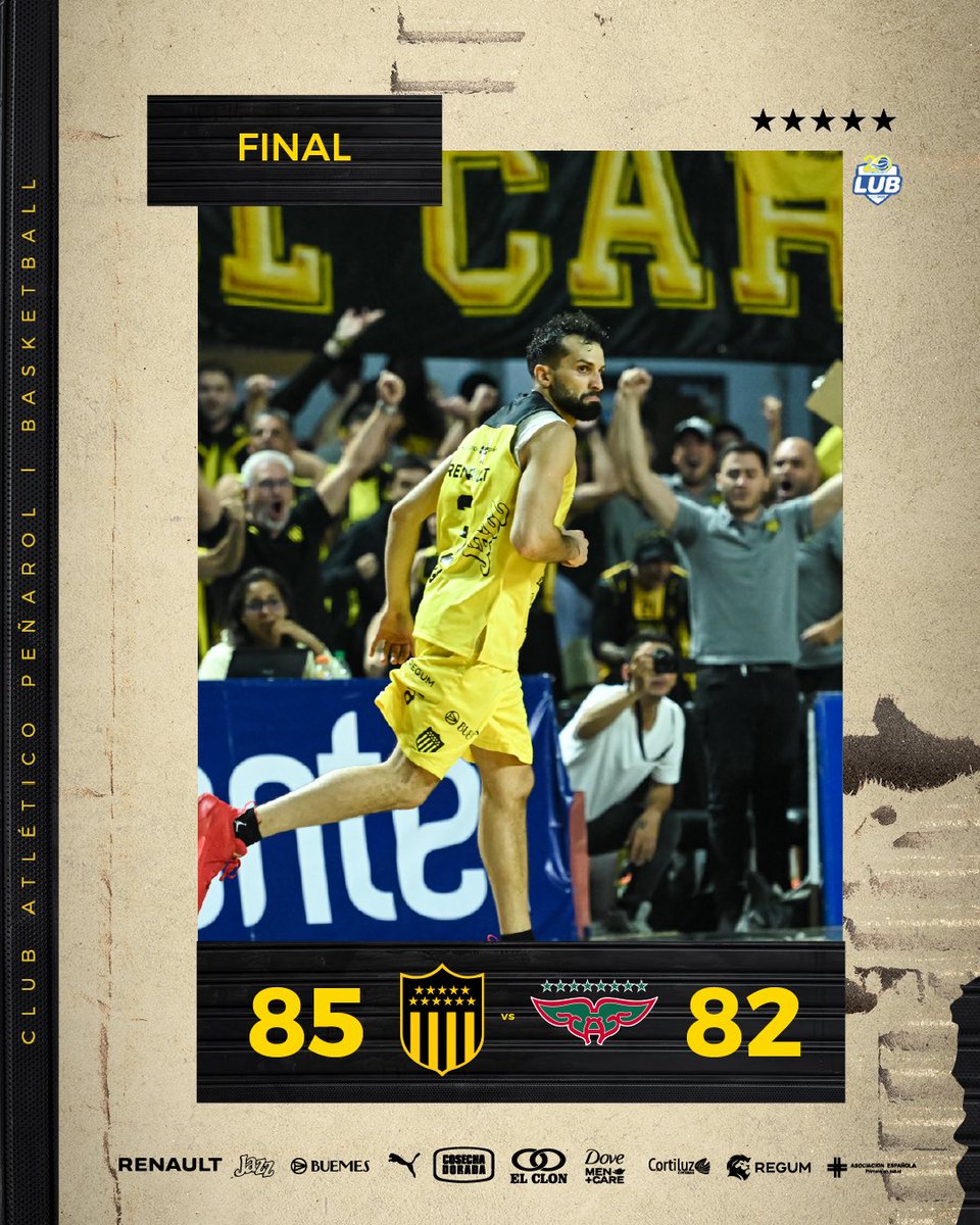BasketCAPuy's tweet photo. 💛 ¡𝗚𝗔𝗡𝗢́ 𝗣𝗘𝗡̃𝗔𝗥𝗢𝗢𝗢𝗢𝗢𝗢𝗟𝗟! 🖤

Peñarol (85) - (82) Aguada 

#VamosCarbonero https://t.co/9GsIcuiVMo