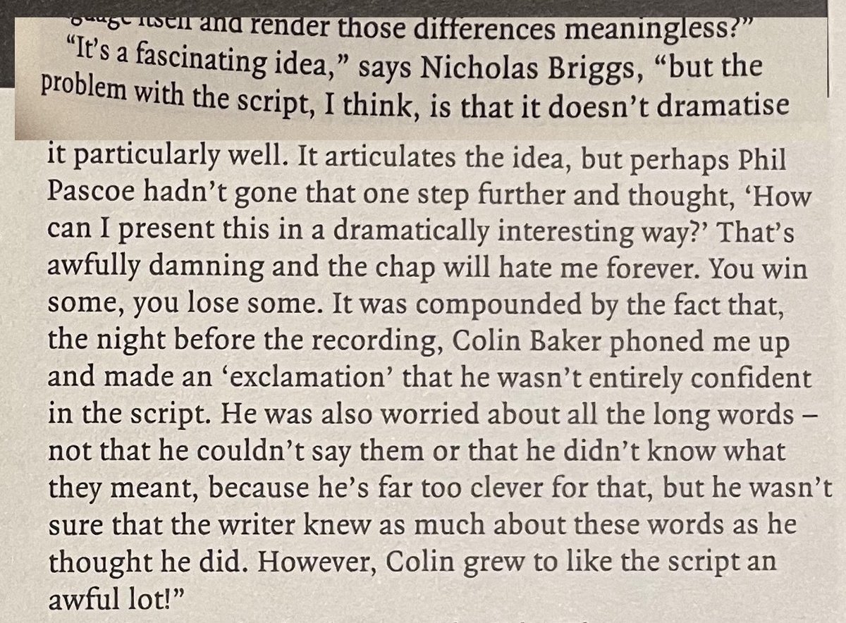 thisphilpascoe's tweet photo. To make it crystal clear:

- I don't have the script for the @bigfinish audio I wrote in 2001 in any accessible format.

- I don't believe I would have anything interesting to say about something I wrote decades ago.

- Perhaps the attached quotes from @BriggsNicholas might help? https://t.co/twftR6Ad7Z
