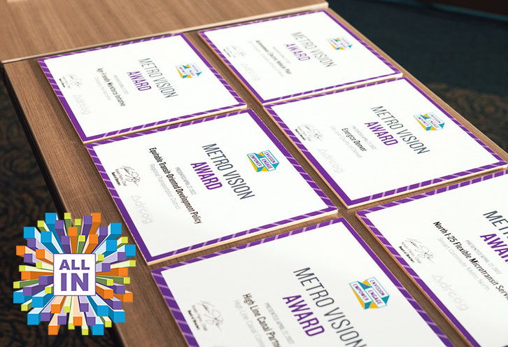 DRCOGorg's tweet photo. #DRCOG's 2023 Annual Awards theme is “All In” with the logo design depicting the 58 member governments. The Metro Vision Awards recognize a project, program or plan that helps us reach our #MetroVision goals. Nominate online: https://t.co/iHh23l27c2 #WayToGo #DRCOGAwards https://t.co/rhoLvMK90w