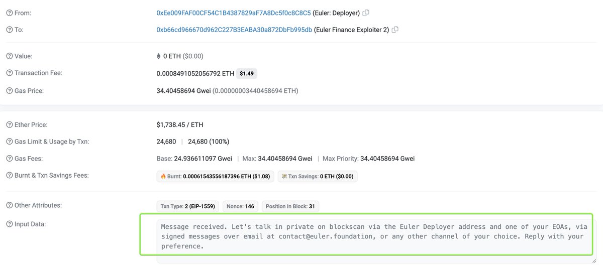 Magi0x's tweet photo. In the latest on-chain conversation between @eulerfinance  and the hacker, the hacker is preparing to return the funds, and both parties are establishing contact.

A ray of light of hope for those who silently contribute to Euler.
@euler_mab @MacroMate8 @aliciakatz https://t.co/w0C5xkhV3H