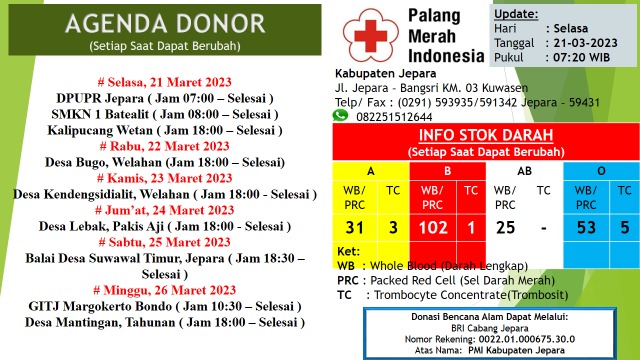 Update Stok Ketersediaan darah PMI Kabupaten Jepara
#BloodForLife #pmijepara #uddpmi #ayodonordarahsukarela #jepara #informasiseputarjepara