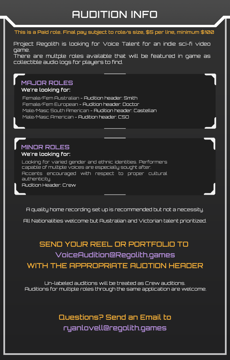 Regolith_Int's tweet photo. ✨Paid Casting Call!✨
We're looking for #VoiceActors!
2 Male and 2 Female Lead roles along with several minor roles.
Audition info below.
Or send questions to: ryanlovell@regolith.games
#voiceacting #castingcall
@VACastingRT https://t.co/gV81gtXRB2