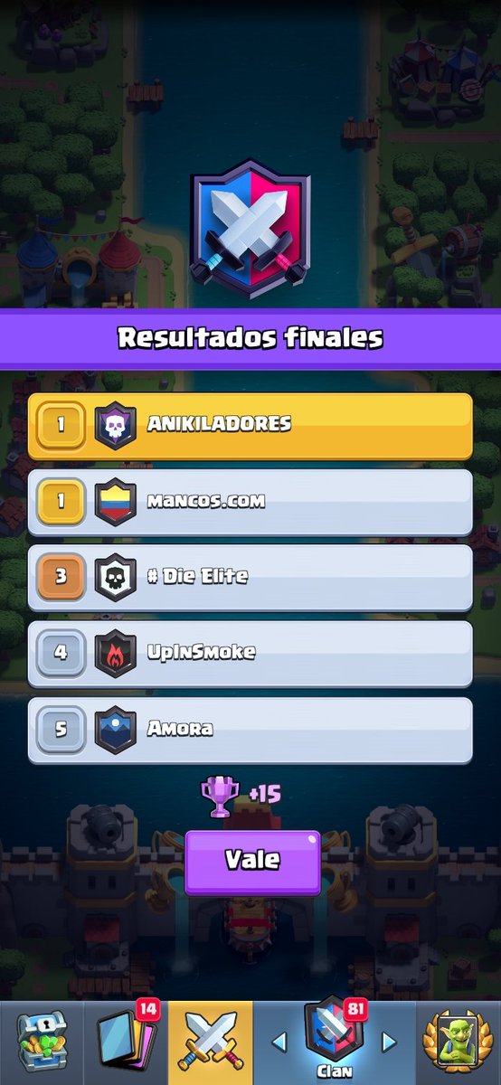 Conseguimos finalizar la segunda semana de guerra nuevamente con  victoria. Seguimos creciendo 📈📈📈 #Vamos #GoAnikiladores #ClashRoyale #GuerraDeClanes #ClanInternacional #ClanDeEspaña #Clash