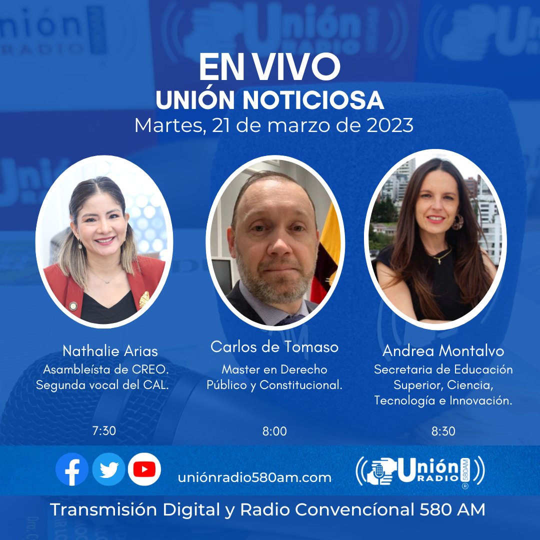 Unionradio580am's tweet photo. #Envivo
#Espaciodeentrevistas

Acompáñanos a escuchar a nuestros invitados:

Nathalie Arias
Carlos de Tomado
Andrea Montalvo

Escúchanos en el dial #580AM, por fb live, YouTube, Twitter 
@unionradio580am y en https://t.co/vxgL91JWE6 🇪🇨🎙
Somos:
 La Cadena⛓️ de la Unión 🤝 https://t.co/doUOBih1uc