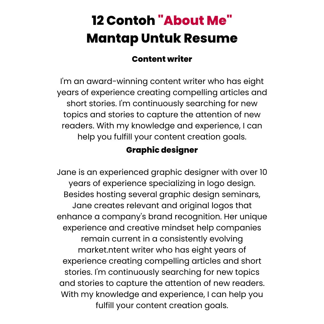 Dalam thread ni ada 12 contoh template "About Me" yang paling mantap untuk kita letak dalam resume.

Dulu kemain nak buat ni cari ayat paling power dalam google. English level apa dah.

Rupanya dekat about ni kalau boleh, Simple, Padat, Mudah Faham.
