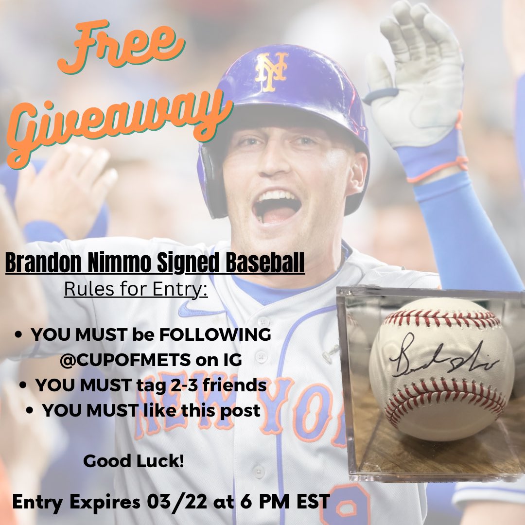 Lock in and #Follow @CupofMets on Instagram for your chance to win a Signed #BrandonNimmo baseball ⚾️ 

#MetsTwitter #FreeGiveaway #Mets