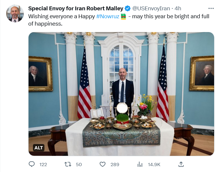 KarmelMelamed's tweet photo. RESIGN CLOWN!
If you want Iranian Americans to enjoy #Nowruz, quit your job ASAP! Why have you continued to negotiate & appease the murderous mullah regime in Iran?! Step down & let a real diplomat deal with Iran policy properly! You're a disgrace. #ResignMalley https://t.co/JKPyvS2teI