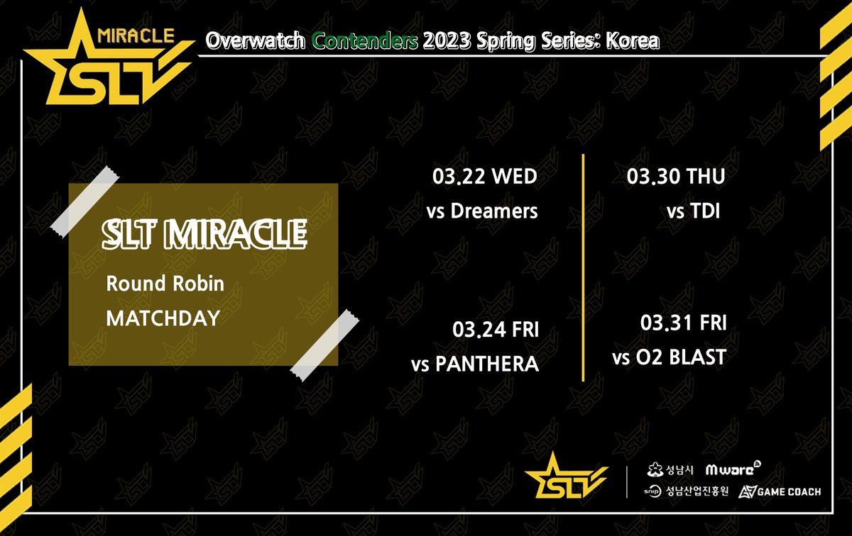 [Overwatch Contenders 2023 Spring Series: Korea]

뉴페이스 선수들을 선보이는 첫‼ 시즌
열심히 준비해온 경기 많은 응원 부탁드리겠습니다🫶
📢SLT 하나 둘 셋! 미라클 화이팅!📢

It's time to make 'Miracle' with our ROOKIES✨

#SLT #OW #SLTGO