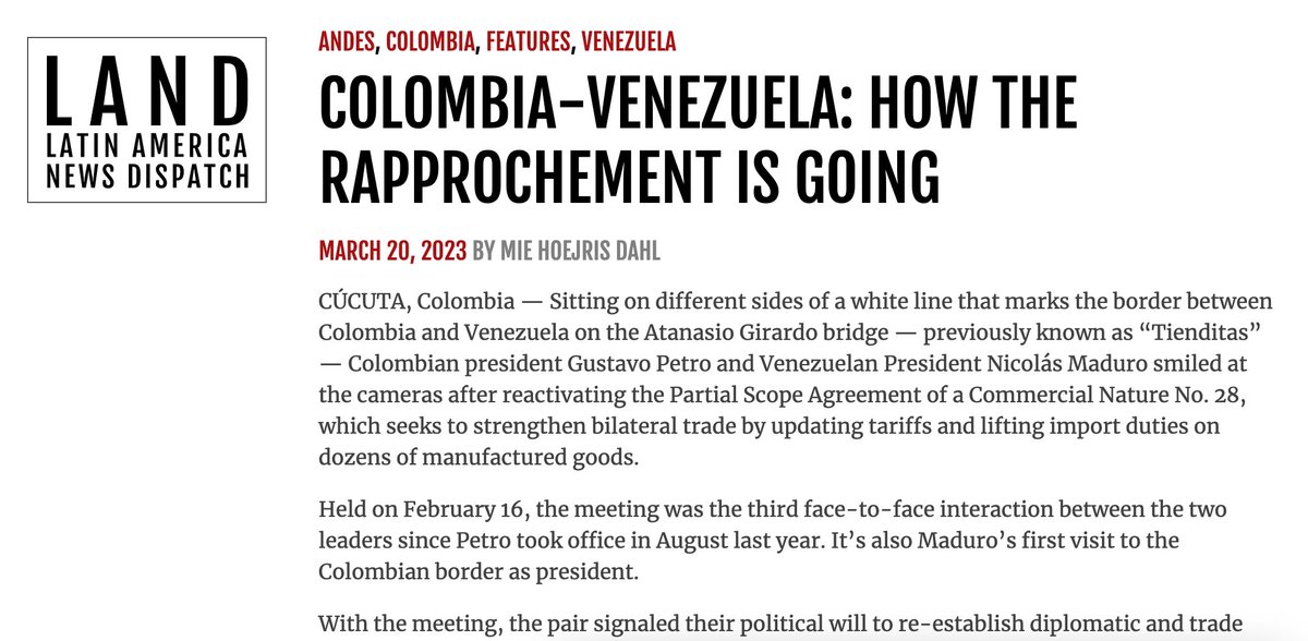 What's the impact of #Colombia &amp; #Venezuela re-establishing relations?
Disappointment, continuous security issues &amp; legitimization of Vzlan govt despite HR violations. But also some progress &amp; hope.
My reporting from the border for <a href="/LatAmDispatch/">Latin America News Dispatch</a>:
latindispatch.com/2023/03/20/col…