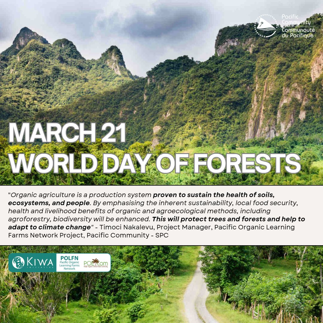 🌳March 21 | World Day of Forests
Organic agriculture can contribute to the health of trees by promoting soil health &amp; biodiversity, reducing the use of synthetic chemicals and pesticides, and enhancing nutrient cycling.
#HealthyTreesForHealthyPeople #ThePacificIsOrganic <a href="/spc_cps/">Pacific Community</a>