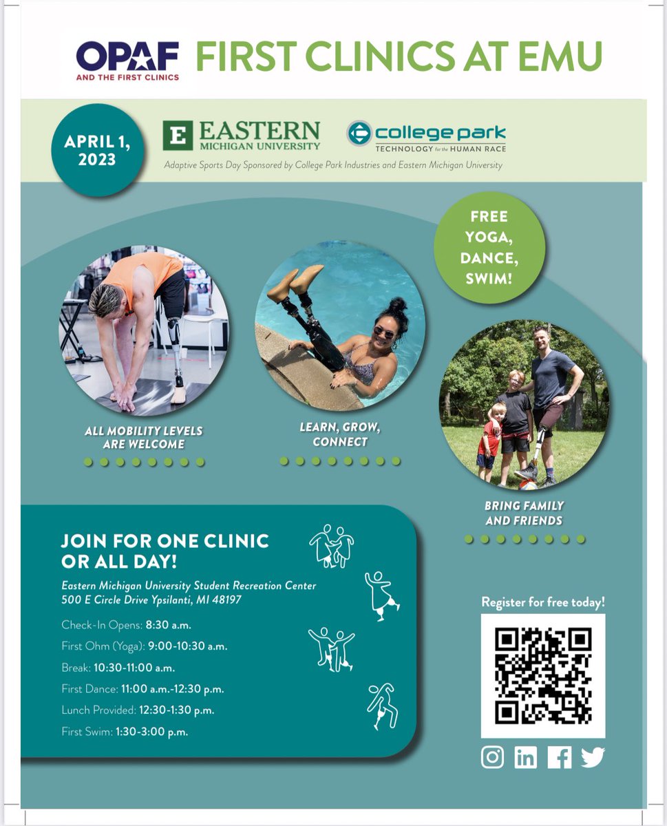 Join us for an Adaptive Sports Day, April 1st at Eastern Michigan University! 

🧘‍♀️First Ohm (Yoga) 9am
🕺First Dance 11am
🏊‍♂️First Swim- 1pm. 

Register for one, register for all! 

eventbrite.com/o/opaf-and-the…