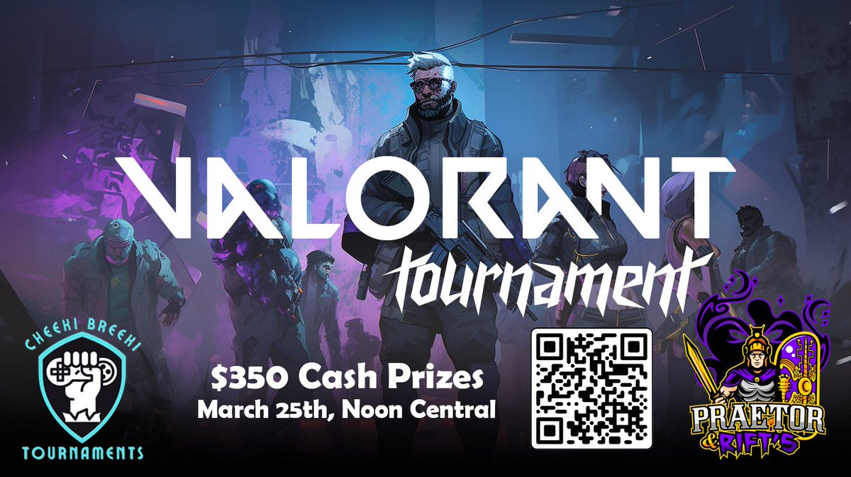 💀#Valorant Tournament 5v5
💰 $350 in combined prizes THIS WEEKEND (3/25)
💯 FREE to join
⏰ Noon CDT (Central US)
 🖖 Follow for more

battlefy.com/cheeki-breeki-…

<a href="/OLTRTs/">OLTRTs</a> <a href="/ScrimFinder/">Scrim Finder</a> <a href="/CheekiBreekiTs/">Cheeki Breeki Tournaments LLC</a>  @owlretweets <a href="/BlazedRTs/">Blazed</a> <a href="/SGH_RTs/">SocialGamingHub Retweets</a> <a href="/GaryCon/">Gary Con</a>   <a href="/DripRT/">DripRTs</a> <a href="/praetorsrejects/">⚔️🛡Praetor's Rejects🛡⚔️</a>