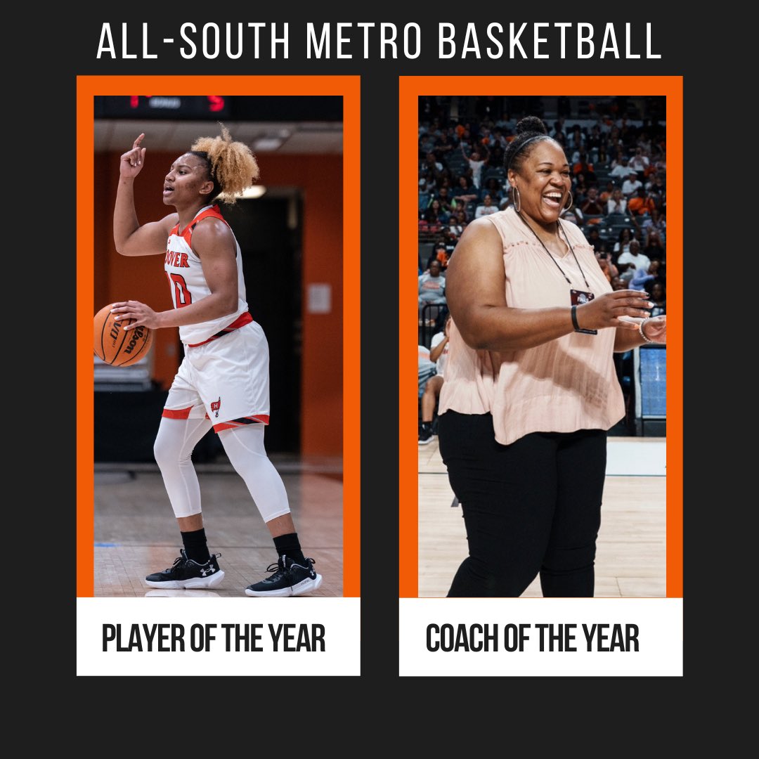 Congratulations to Seniors Reniya Kelly (1st Team; Player of the Year), Layla Etchison (1st Team), Alanah Pooler (3rd Team), and Kristen McMillan (HM) for being named to the All-South Metro Basketball team! Also, Coach Krystle Johnson for being named Coach of the Year!🧡🖤