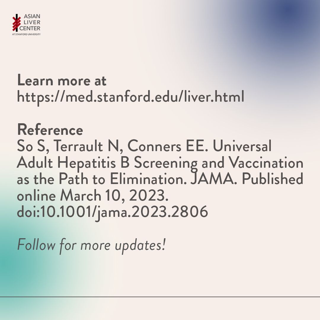 The CDC now recommends that all US adults get tested for #hepatitisB at least once. <a href="/asianliverctr/">Stanford Asian Liver Center</a> 's Dr. Samuel So has recently published a paper on the ways that universal screening is a step to hepatitis B elimination.
Learn more: jamanetwork.com/journals/jama/…