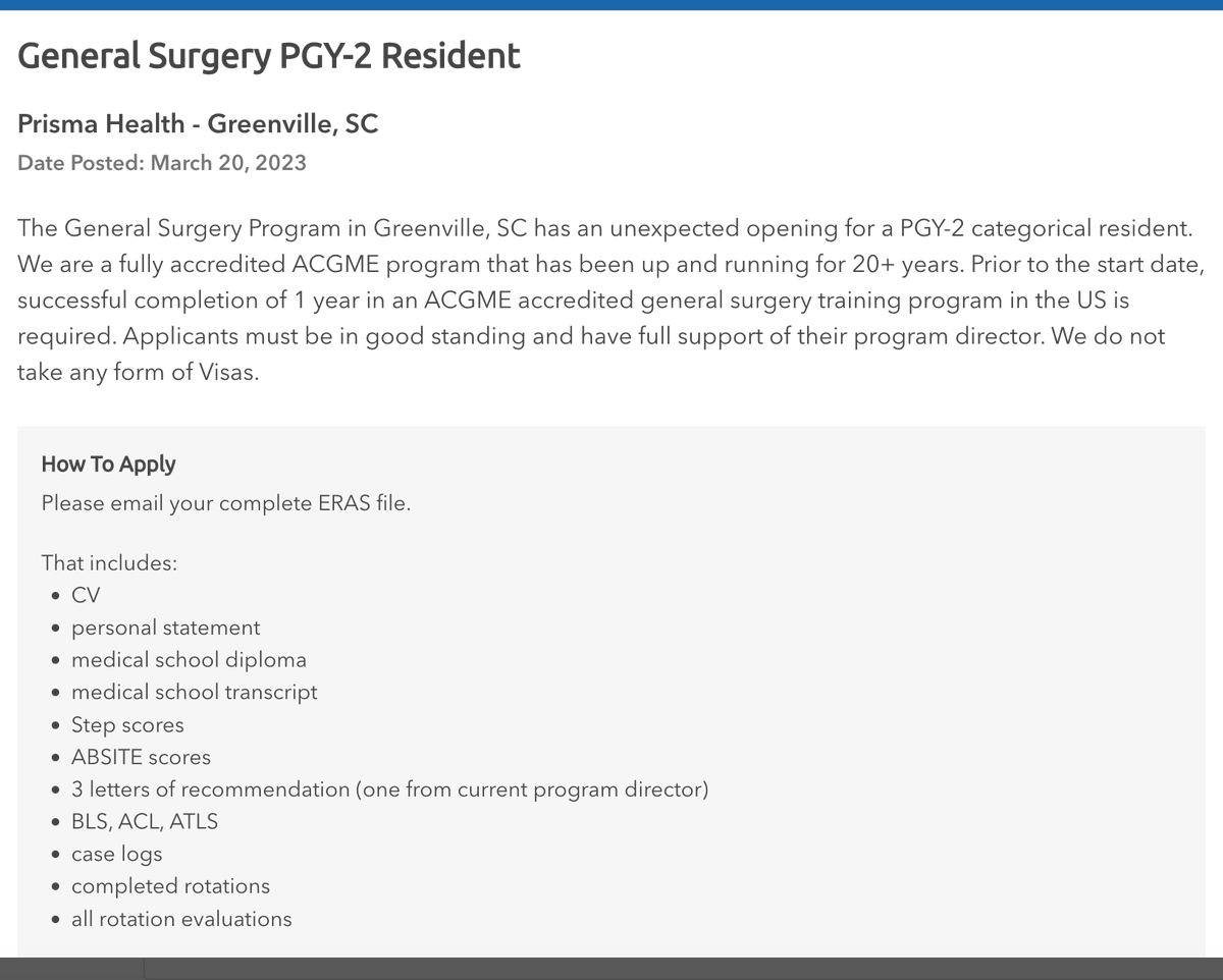Inside_TheMatch's tweet photo. PGY-2 Categorical #GeneralSurgery Residency
Prisma Health - Greenville, SC
Posted: March 20, 2023
Start: July 1, 2023
https://t.co/DqxdK9aQIM
#InsideTheMatch Cc: @FutureGenSurg https://t.co/yTsrU02ZA0