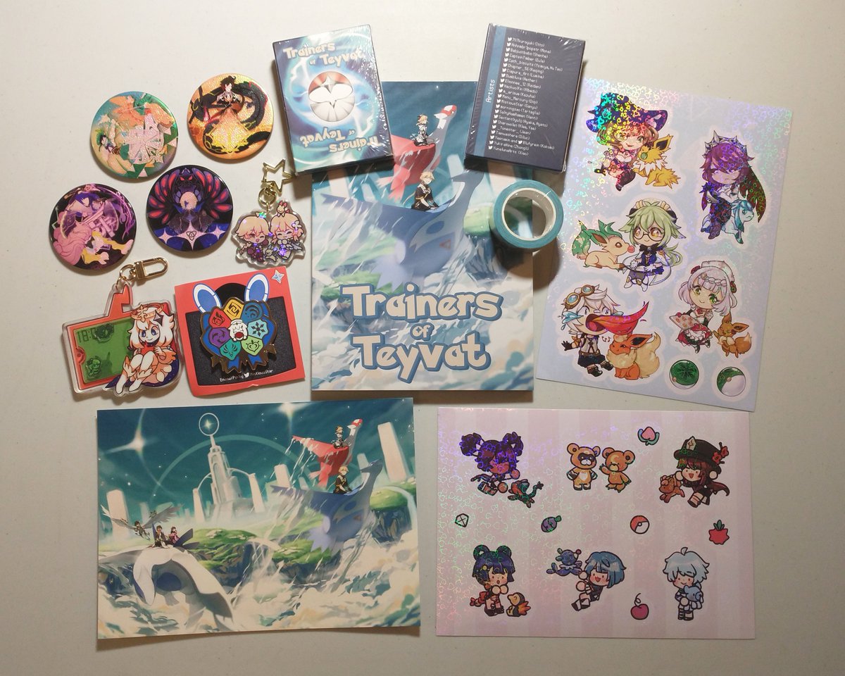 I missed preorders for <a href="/Pokemongenshin/">Pokémon x Genshin Zine: Complete</a>'s 'Trainers of Teyvat' zine, but picked up a lot during their leftovers sale in November. Even got a second deck to hand out folks' faves. Once received, I made sure to share the love with the homies for the holidays, and we loved it all! 💕