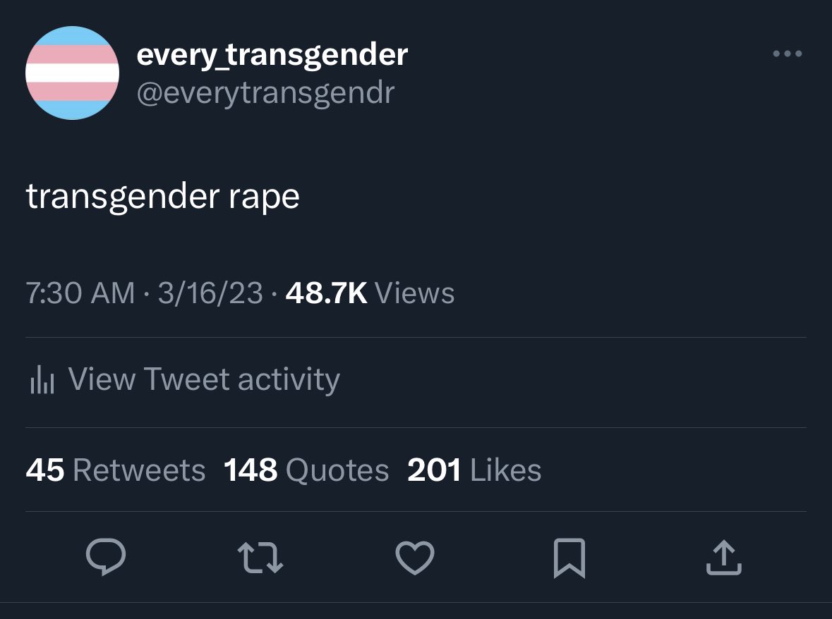 everytransgendr's tweet photo. tw // rape

hey all, genuinely sorry about this one. the bot uses all of the most common english words, so there’s sadly some bad stuff in there. the list’s too long to look at by hand, which is why i missed this. i’ll work on updating the code to detect and block offensive ones. https://t.co/fAdmFxFrA7