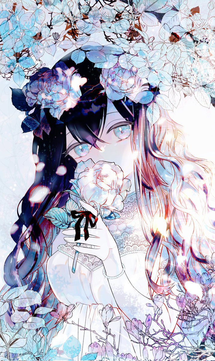 1girl flower solo long hair holding holding flower dress  illustration images