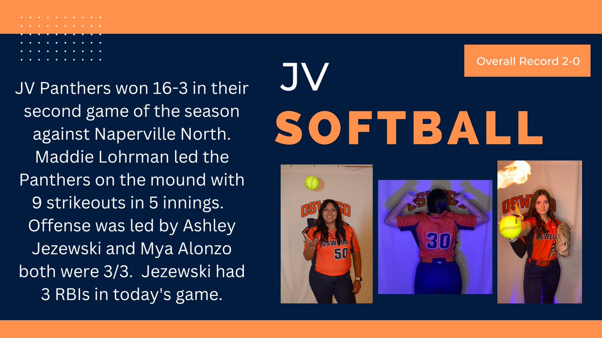 OHSPantherSB's tweet photo. JV Panthers got their 2nd win of the season against Naperville North with a score of 16-3.  Panthers were led by @maddielohrman21 @MyaAlonzo45 and Ashley Jezewski https://t.co/OpwcPMlmKv