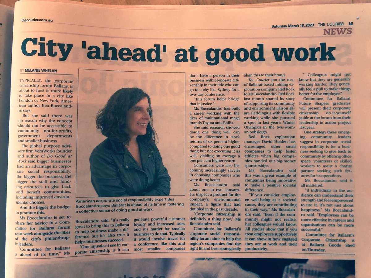 "One in two consumers now inspect a company for their environmental impact." 

Guest speaker at our ESG event tomorrow, <a href="/BeaBoccalandro/">Bea Boccalandro</a>, was recently featured in the Courier, commenting that Ballarat is ahead of its time in fostering a collective sense of doing good at work.