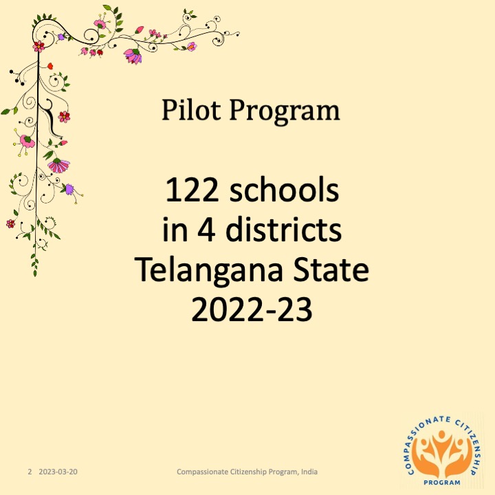 CompassionCOVA's tweet photo. Check out details of our program - compassionate citizenship in this preliminary report. Pilot program and it's objectives
122 schools in 4 districts Telangana State, India 2022-23 
#CompassionateCitizenshipProgram https://t.co/ky13Z6t8Fc
