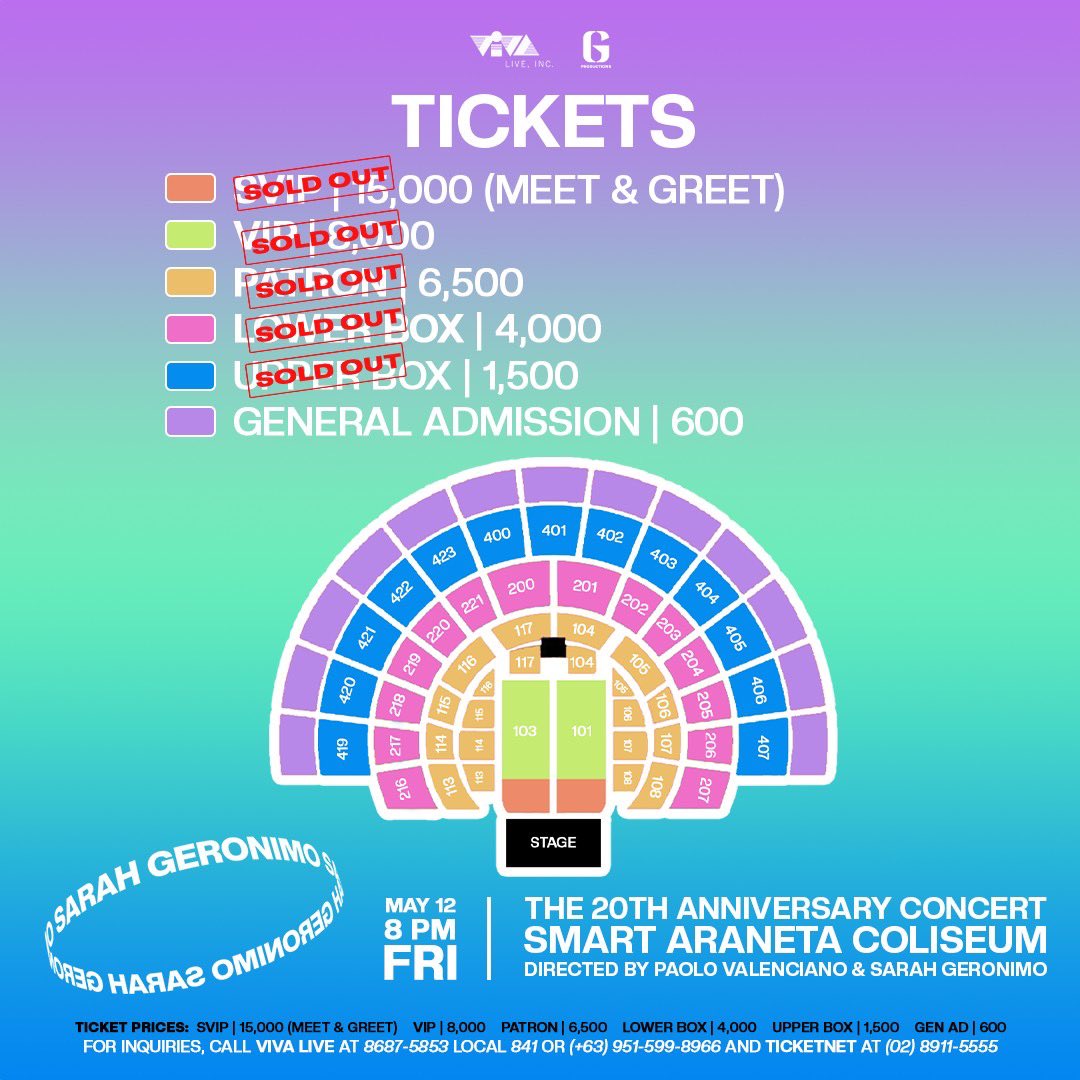 vaa_live's tweet photo. ‼️FEW SEATS REMAINING‼️

SVIP, VIP, Patron, Lower Box &amp; Upper Box sections are now SOLD OUT! 

Be sure to save your seat for SARAH GERONIMO: The 20th Anniversary Concert at Smart Araneta Coliseum this May 12, 2023!

Directed by: Paolo Valenciano &amp; Sarah Geronimo https://t.co/rC9BchEGuc