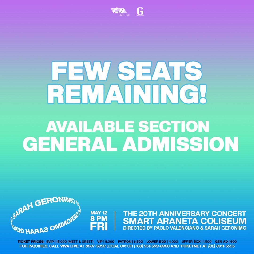 vaa_live's tweet photo. ‼️FEW SEATS REMAINING‼️

SVIP, VIP, Patron, Lower Box &amp; Upper Box sections are now SOLD OUT! 

Be sure to save your seat for SARAH GERONIMO: The 20th Anniversary Concert at Smart Araneta Coliseum this May 12, 2023!

Directed by: Paolo Valenciano &amp; Sarah Geronimo https://t.co/rC9BchEGuc