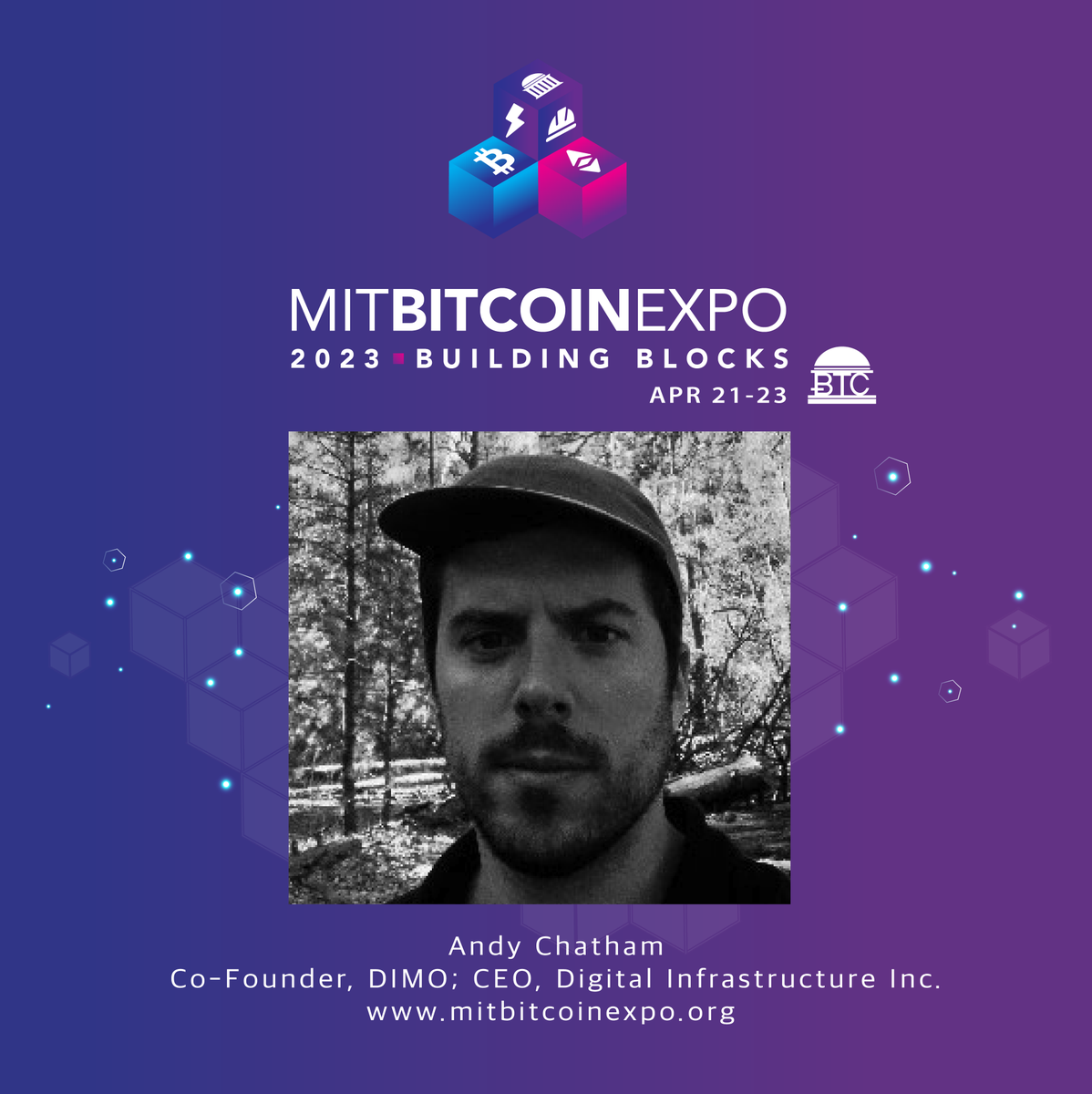 MITBitcoinClub's tweet photo. 🎉 Exciting news! Welcome Andy Chatham as a speaker to the 2023 MIT Bitcoin Expo! 🙌 As co-Founder of DIMO &amp; CEO of Digital Infrastructure Inc., @Ajchatham has built software used by millions. Get ready to learn from a true industry expert! #MITBTC23 #Bitcoin #Crypto #Web3 #DIMO https://t.co/QoEQZdUwa0