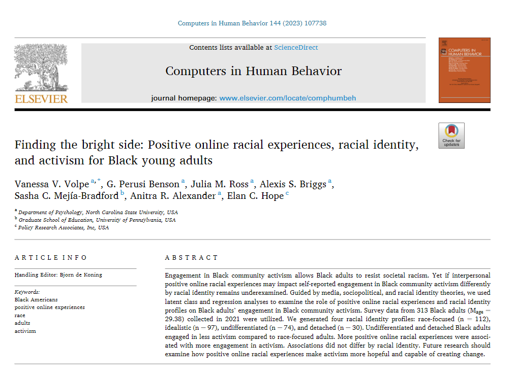 Dr. Vanessa Volpe (vole-pay) (@drvanessavolpe) on Twitter photo 📢Research alert! Can positive racial experiences online play a role in engagement in activism for Black adults? YES! w/ the dream team @gpbenson <a href="/_JuliaMRoss/">Julia Ross</a> @_AlexisBriggs_ <a href="/SashaCMejia/">Sasha C. Mejia-Bradford</a> Anitra Alexander <a href="/HopesPsychology/">Coco Gauff Stan Account</a> Link 4 free access before 5/9/23 in the thread 📢Research alert! Can positive racial experiences online play a role in engagement in activism for Black adults? YES! w/ the dream team @gpbenson <a href="/_JuliaMRoss/">Julia Ross</a> @_AlexisBriggs_ <a href="/SashaCMejia/">Sasha C. Mejia-Bradford</a> Anitra Alexander <a href="/HopesPsychology/">Coco Gauff Stan Account</a> Link 4 free access before 5/9/23 in the thread