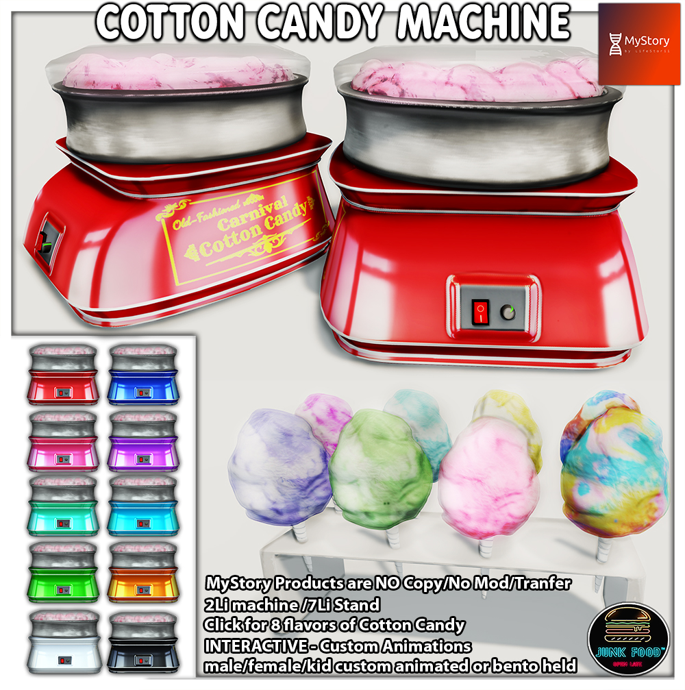 MyStory Cotton Candy Machines!
Each SET that you rez out has 8 COTTON CANDYS inside of it, that's 10 uses for the MyStory RP hud to use. #SecondLife #slshop #secondlifestore #secondlifeshop #slstore #slshopping

maps.secondlife.com/secondlife/Jun…