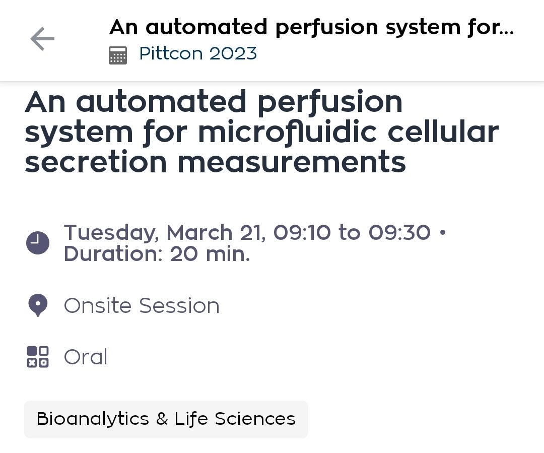 I'm presenting in the "Cells on a chip: Microfluidic at Work" session at #pittcon2023 tomorrow, March 21 (9:10am) in room 117. The talk will touch on how we take advantage of #microfluidics, #immunochemistry and #flourescence microscopy to profile the dynamics of islet secretions