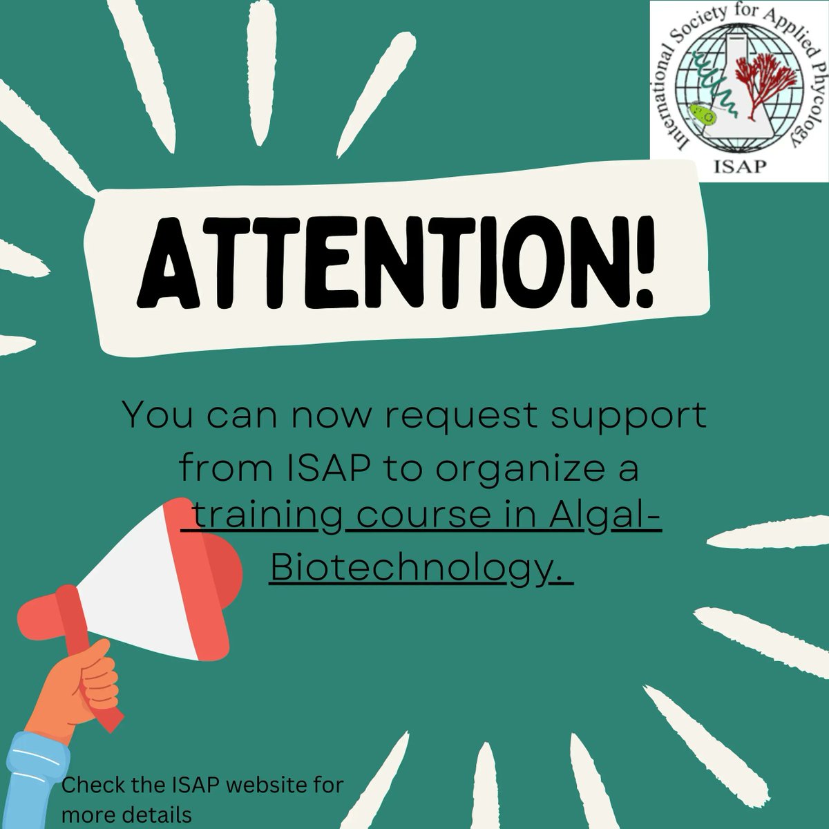 ISAP_Phycology's tweet photo. Call for requests for support from ISAP to organize a training course in Algal-Biotechnology is now OPEN.

DEADLINE 21st April 2023📣 
#funding #appliedphycology #trainingcourse #algaetraining #algaebiotechonology #macroalgae #microalage #ISAP 
Click4more
https://t.co/Subkp0NL4G https://t.co/CMbUcfHSyC